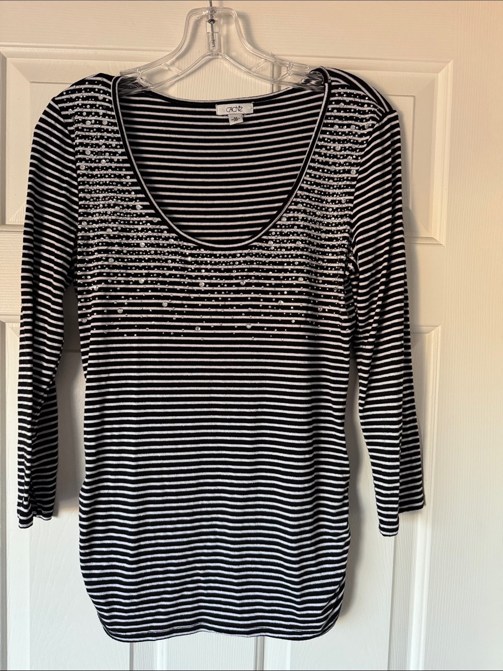 Cache Black & White Striped Scoop Neck 3/4 Sleeve Top with Stud Detail